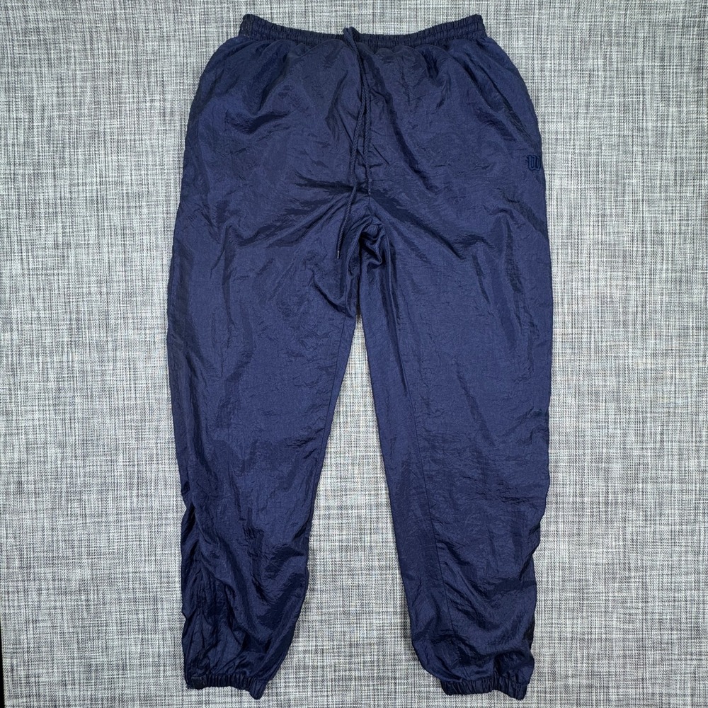 Wilson Mens Track Pants Large Navy Blue Nylon Lined Drawstring Athletic Joggers